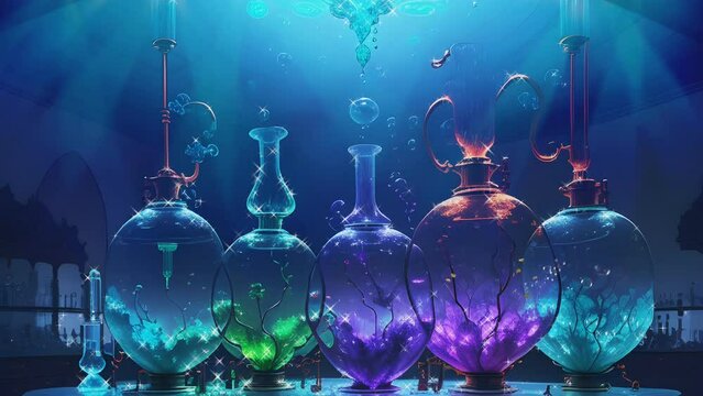 fantasy biochemical experiment with butterflies inside colorful glass tubes. Cartoon illustration style. seamless looping 4K time-lapse virtual video animation background.