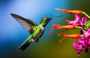 Obraz premium Hummingbird bird flying next to a beautiful red flower with rain.