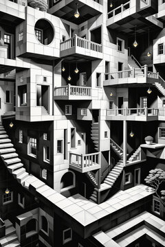 a black and white photo of a building with stairs, a detailed drawing by MC Escher, shutterstock contest winner, abstract illusionism, ray tracing, ambient occlusion, surrealist, Generative AI