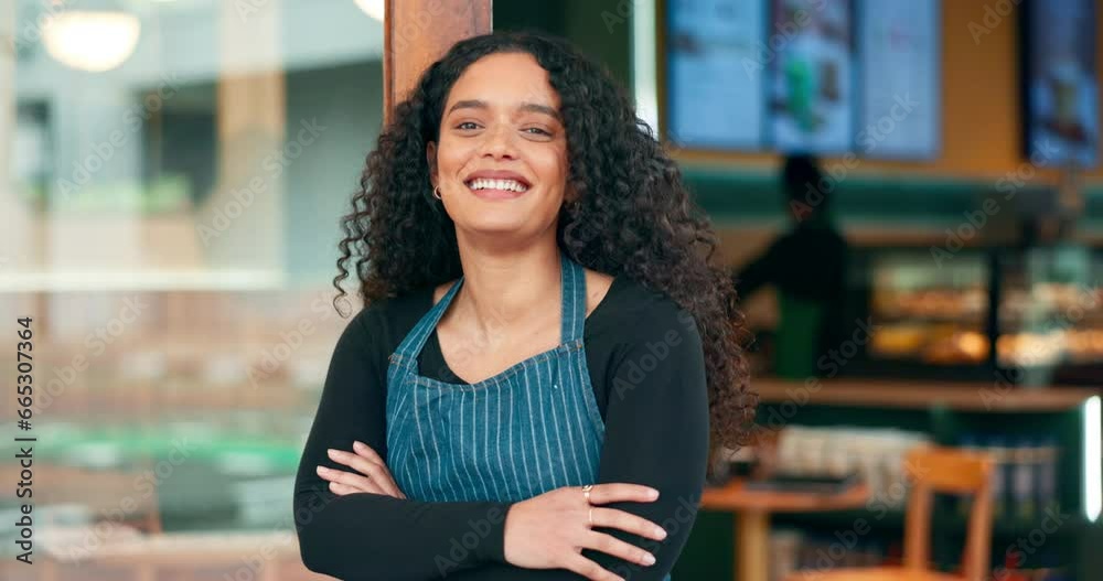 Wall mural Happy woman, cafe and small business owner with arms crossed by door and ready for service. Portrait of female person, employee or waitress smile in confidence, barista or management at restaurant