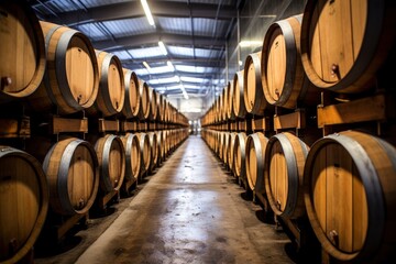 Wooden oak Port barrels in neat rows.