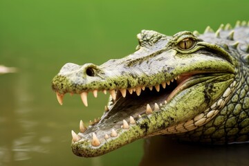 Crocodile with its mouth wide open with a green lake in the green background.