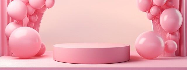 Pink podium background balloon 3d product display pastel stage day birthday ball gift. Podium platform abstract pink background love mother party color sale mom round happy room stand box cosmetic. - Powered by Adobe