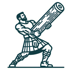 Caber toss. Scottish strongman athlete vector icon. Scotland man in kilt tossing the caber at highland games. Line art illustration	