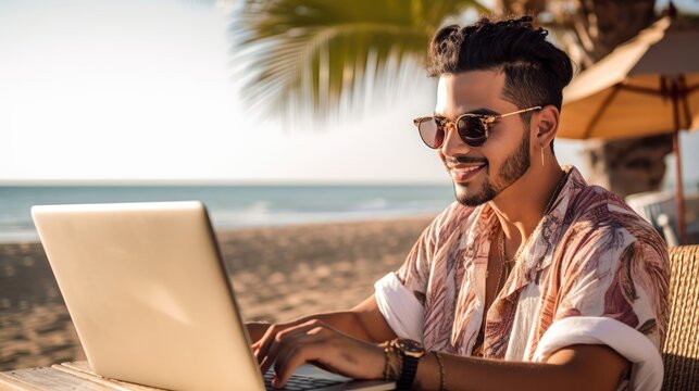 Young man working on laptop from the beach