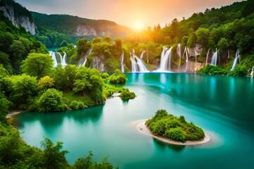 Exotic waterfall and lake landscape of Plitvice Lakes National Park, UNESCO natural world heritage...