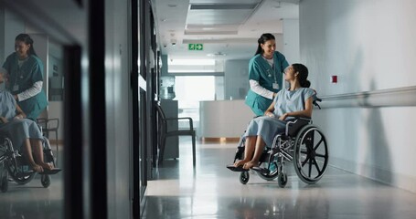 Happy nurse, wheelchair patient and people talking, consulting and motivation advice, kindness or empathy for medical surgery. Support, client or doctor trust, care and chat to person with disability - Powered by Adobe