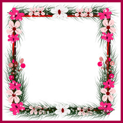 Winter Flower Frame with snowflake, snowfall and leaves pine . Square Border Clipart