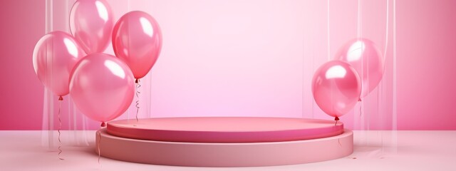 Pink podium background balloon 3d product display pastel stage day birthday ball gift. Podium platform abstract pink background love mother party color sale mom round happy room stand box cosmetic.