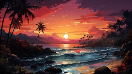 Foto op Canvas Dark palm trees silhouettes on colorful tropical ocean sunset summertime background. Beach sunset illustration with vibrant gradient sky. Summer time travel and vacation wallpaper. © AlexRillos