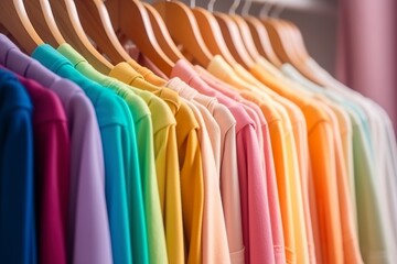 Colorful clothes on a clothing rack, pastel colorful closet in a shopping store or bedroom, rainbow color clothes choice on hangers, home wardrobe concept image. - obrazy, fototapety, plakaty