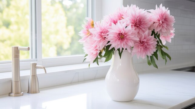 A white vase full of pink flowers is sitting on counter.