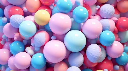 3D rendering, pastel-colored abstract balls, pink and blue balloons, a geometric background, colorful primitive shapes, a pastel color scheme, 