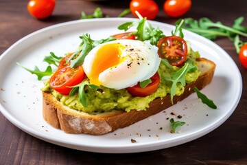 Fototapeta na wymiar Avocado toast with eggs and roasted tomatoes.