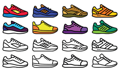 Shoes or sneakers icon set, running shoe, sports shoes in detailed style, colored and line drawing, vector illustration