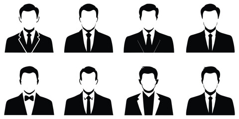 Set of businessman black silhouette in suit, vector illustration isolated on white background