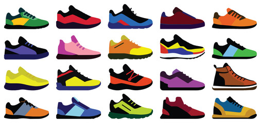 Set of sneakers different types, shoes for training, running shoe, sports shoes in detailed style, vector illustration isolated