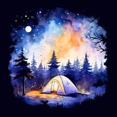 A Camping Tent in the forest with Night sky, watercolor for T-shirt Design.