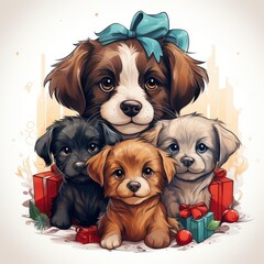 Cute Puppies And Kittens With Holiday Gifts Gift, Cartoon Illustration Background