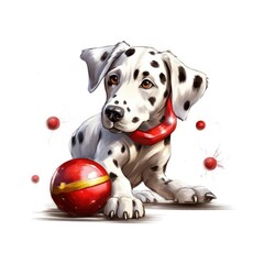 Dalmatian Playing With Christmas Ornaments Playful , Cartoon Illustration Background