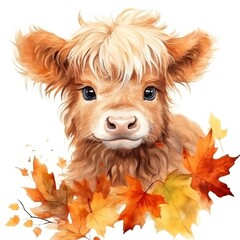 Happy cute baby highland cow in autumn leaves in the watercolor style.