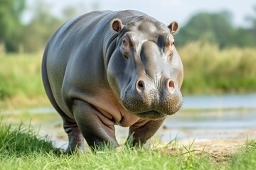 Hippopotamus Walking in a green field.