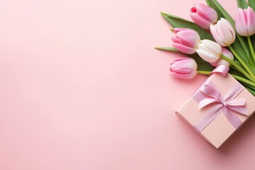 Pink gift box with ribbon bow and bouquet of tulips on isolated pastel pink background. - obrazy, fototapety, plakaty