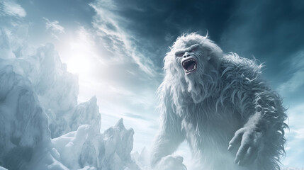 scary yeti abominable snowman walking through snow landscape  - obrazy, fototapety, plakaty