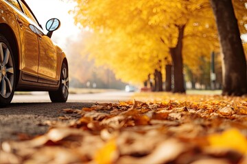Car on asphalt road on an autumn day at the park. - obrazy, fototapety, plakaty