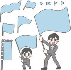 いろいろな旗と、旗を持ったスーツの男性のカラーイラストセット青