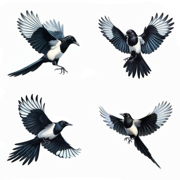 A set of male and female Black-billed Magpies flying isolated on a white background