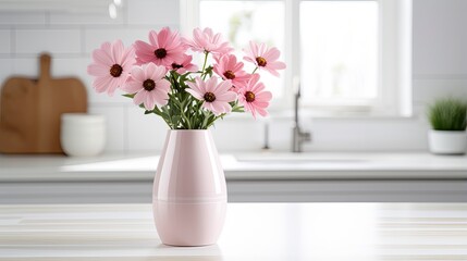 A white vase full of pink flowers is sitting on counter.