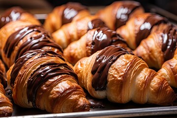 Chocolate croissants in bakery.