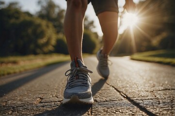 Close-up of a person running in sneakers on a paved path with sunlight.