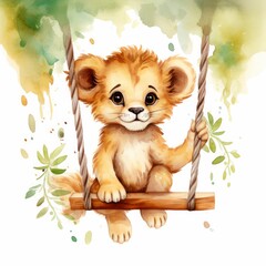 Fototapeta na wymiar Cute happy baby lion on swings attached to the tree in watercolor style.