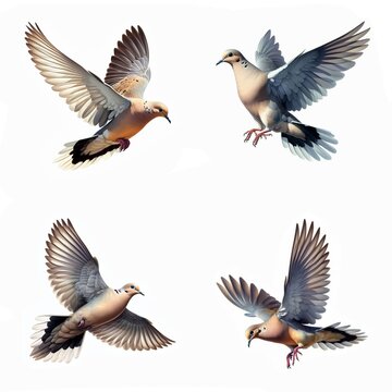 A set of Mourning Doves flying isolated on a white background