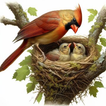 A female Northern Cardinal tending to her 2 chicks in the nest isolated on a white background
