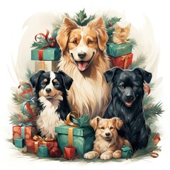 Pets Trimming The Christmas Tree Decorative Ornaments, Cartoon Illustration Background