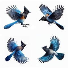 A set of male and female Steller's Jays flying isolated on a white background