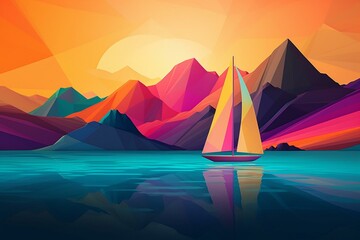 Colorful artwork depicting a sailboat and mountains. Generative AI