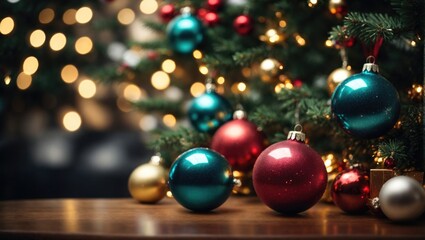 Fototapeta premium Close up shot of Christmas Tree With Baubles And Blurred Shiny Lights