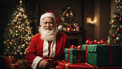 Fototapeta na wymiar Portrait of a Happy Santa Claus with Christmas gift boxes and Christmas tree in background