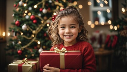 Fototapeta na wymiar Portrait of a Happy little cute girl with Christmas gift boxes and Christmas tree in background