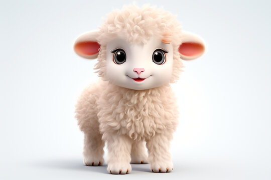 Sheep on a white background. Adorable 3D cartoon animal portrait.