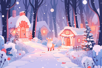 Beginning of winter solar term, forest house outdoor travel concept illustration on snowy day