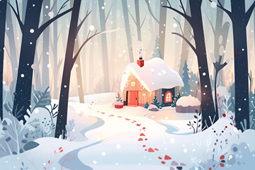 Beginning of winter solar term, forest house outdoor travel concept illustration on snowy day