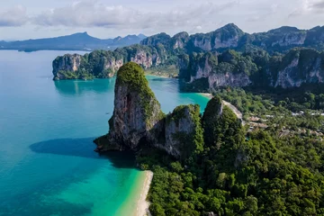 Fotobehang Railay Beach, Krabi, Thailand Railay Beach Krabi Thailand, tropical beach of Railay Krabi, drone view from above on a sunny day