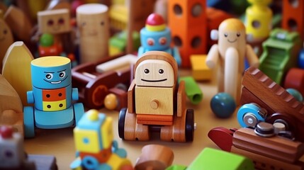 Background of a variety of wooden and bright children's toys with copy space.