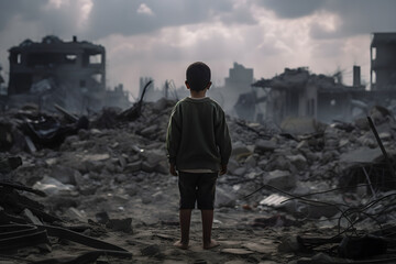 A child is standing in front of a destroyed building because of the war.