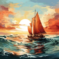 Sailing With A Fiery Red Sky Fiery Sunset, Cartoon Illustration Background